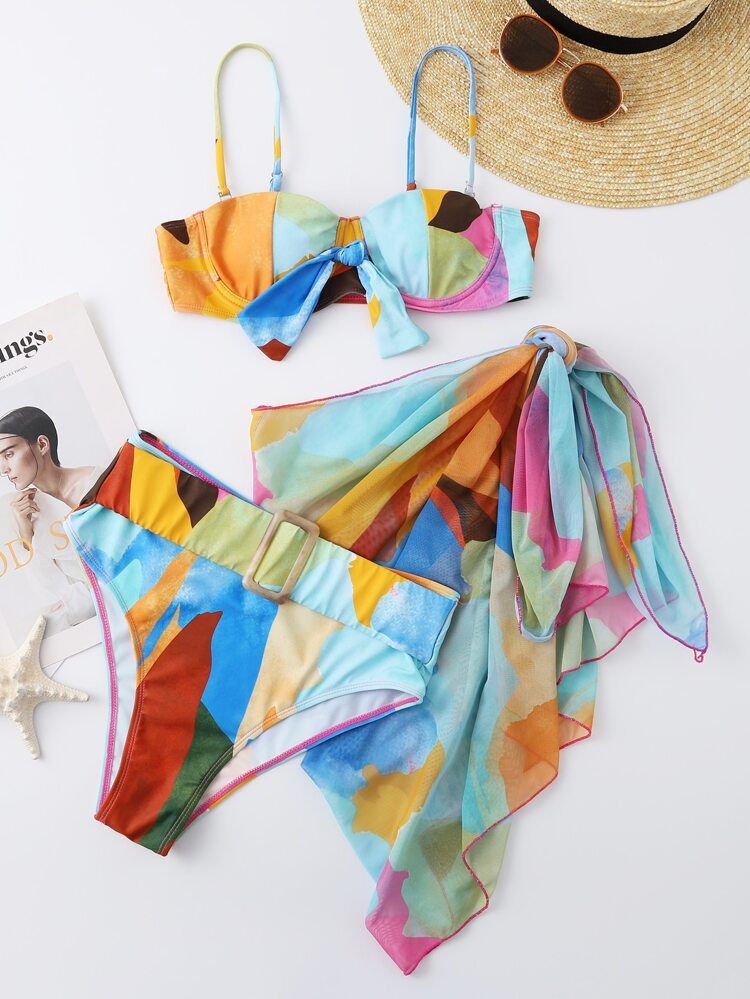 3pack Color Block Underwire Bikini Swimsuit & Beach Skirt | SHEIN