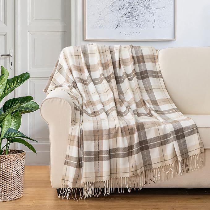 BATTILO HOME Buffalo Plaid Throw Blanket for Couch - Farmhouse Decor Throw - Lightweight Beige Ou... | Amazon (US)