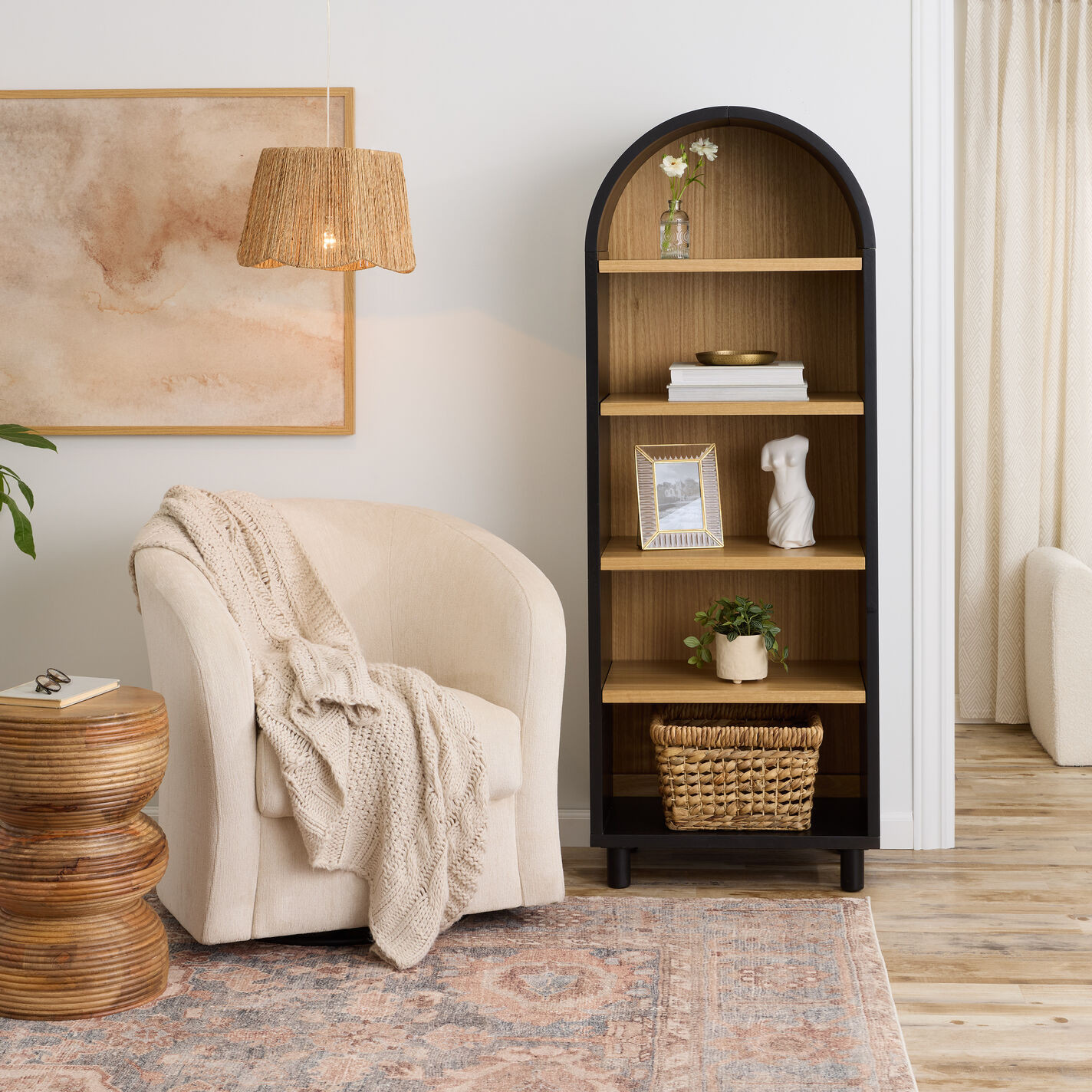 Callum Natural and Charcoal Black Wood Arch Bookshelf | World Market