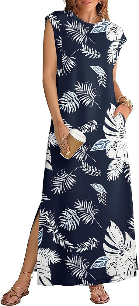 Zeagoo Women Floral Maxi Dress Summer Casual Sleeveless Sundress Crew Neck Long Dresses with Pock... | Amazon (US)