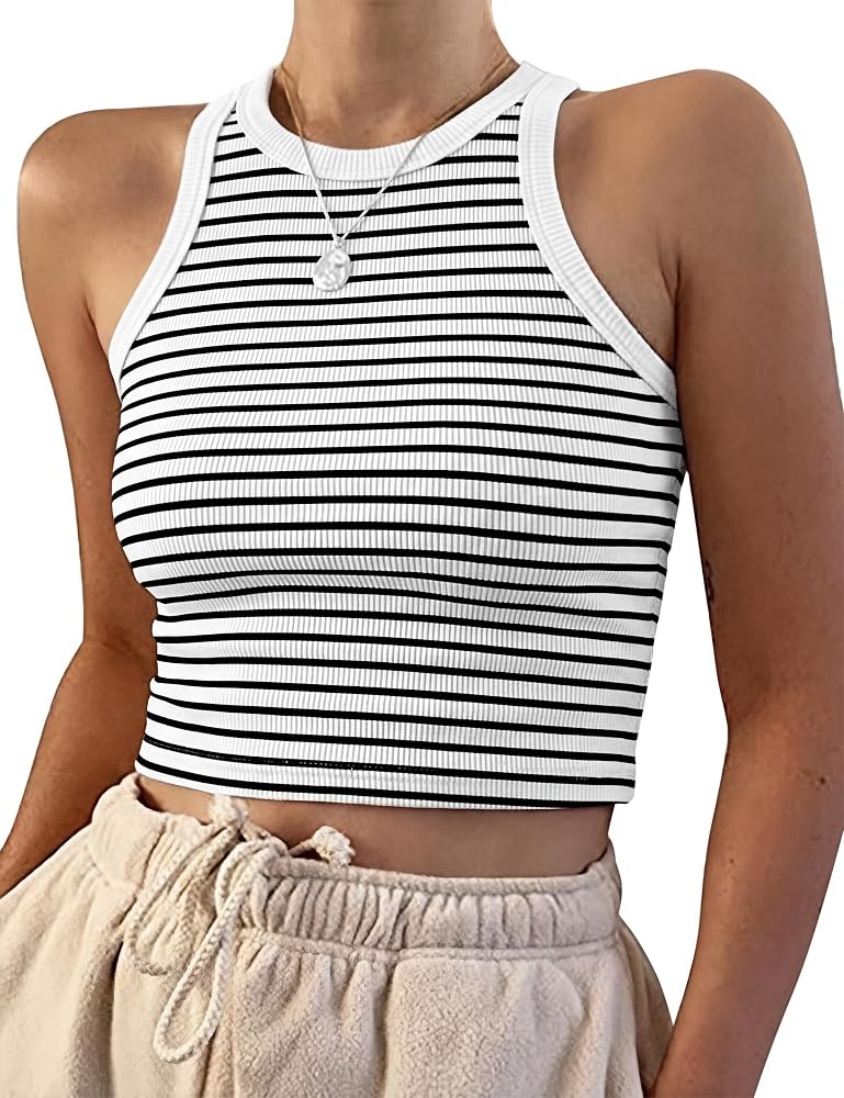 Meladyan Women's Round Neck Basic Racerback Camisole Rib-Knit Solid Sleeveless Crop Tank Tops | Amazon (US)