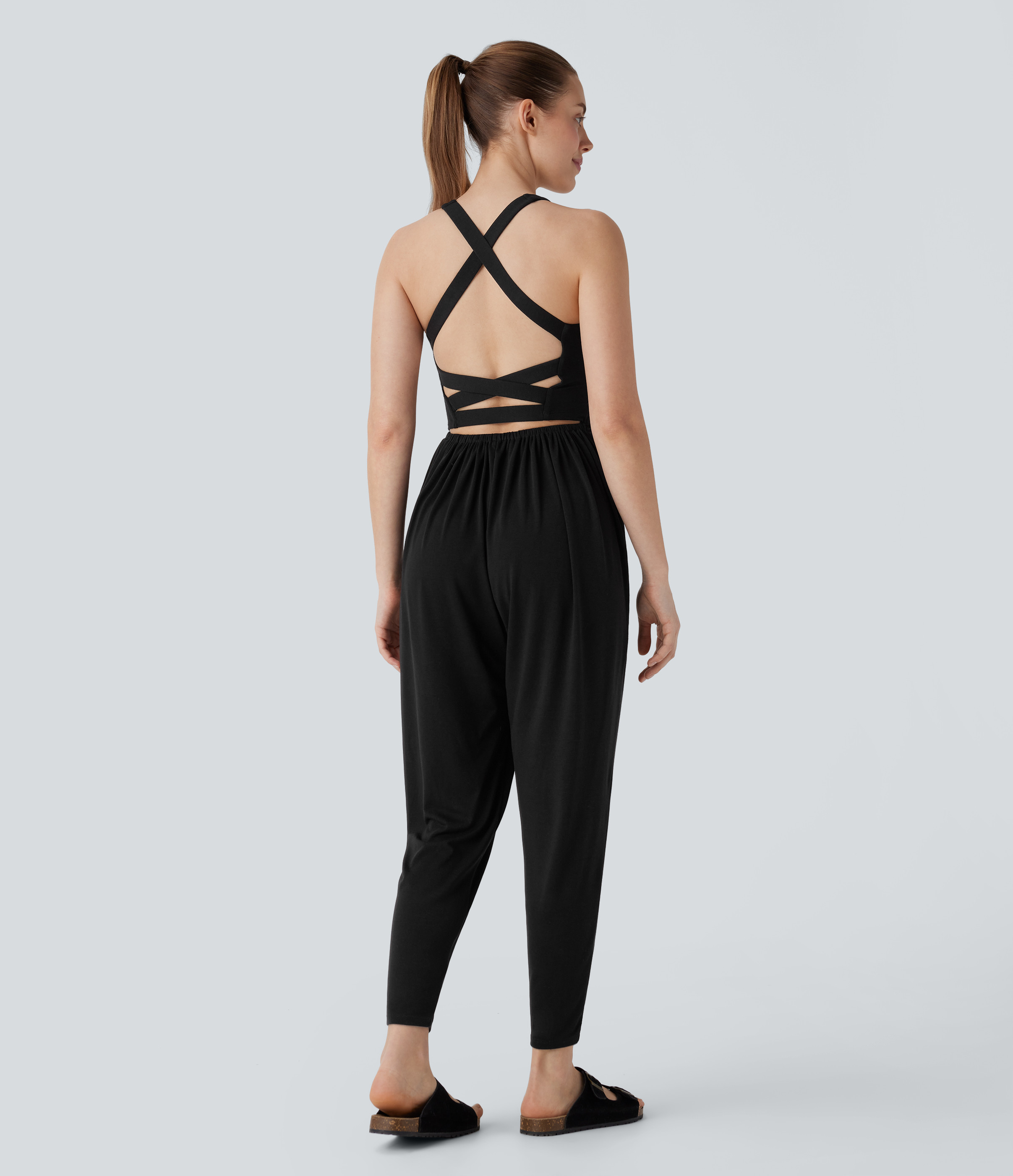 Halara Backless Crisscross U Neck Side Pocket Harem Casual Jumpsuit-Easy Peezy - Black - XS(regular) | HALARA