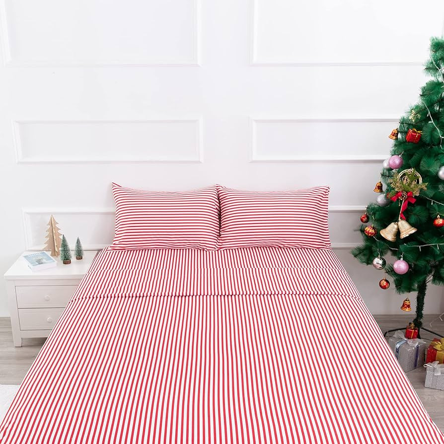 Best Season Ticking Stripe Sheet Set,4 Piece Queen Size Microfiber Bedding,Burgundy Red and White... | Amazon (US)