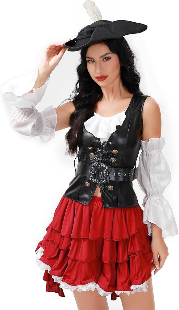 Pirate Costume Women 5 Piece with Hat Pirate Skirt Belt | Amazon (US)