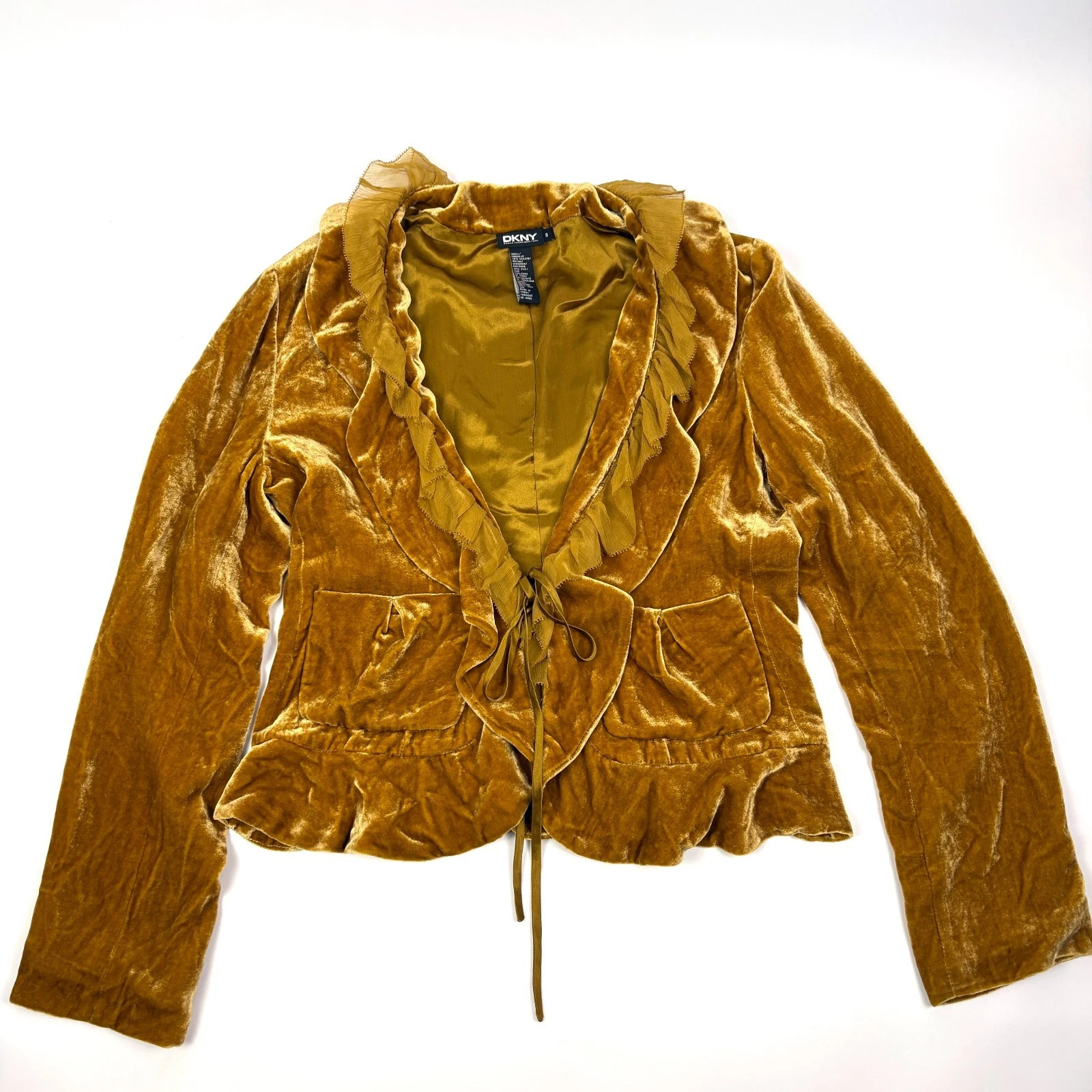 VTG DKNY Crushed Velvet & Ruffle Chiffon Blazer Womens Sz 8 Tan Silk Tie Front | eBay | eBay US