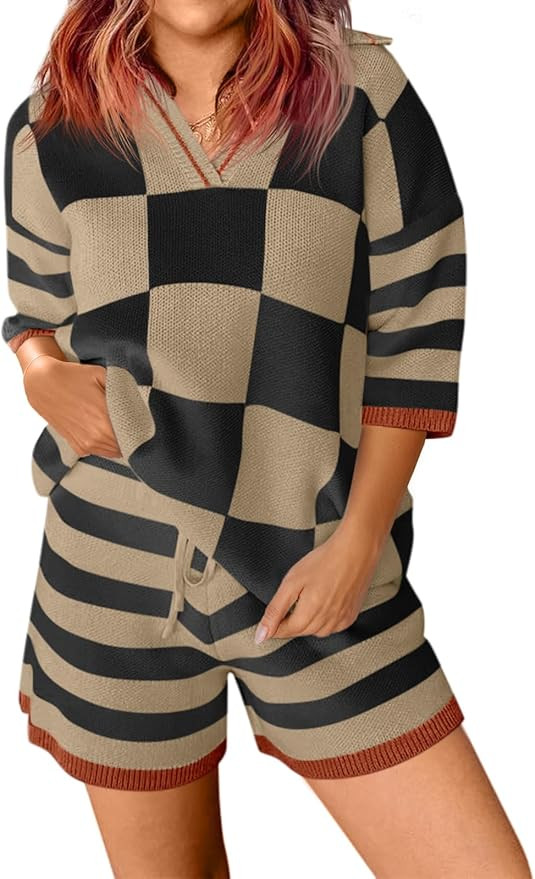 Aoysky Womens 2 Piece Outfits Sweater Sets Color Block Striped Half Sleeve V Neck Knit Tops Short... | Amazon (US)