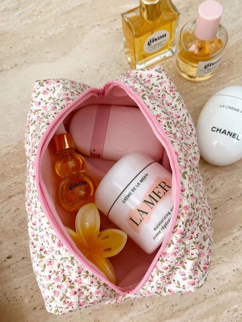 Makeup Bag Quilted Cosmetics Bag Pink Garden Floral Toiletry Travel Skincare Bag Machine Washable... | Etsy (US)