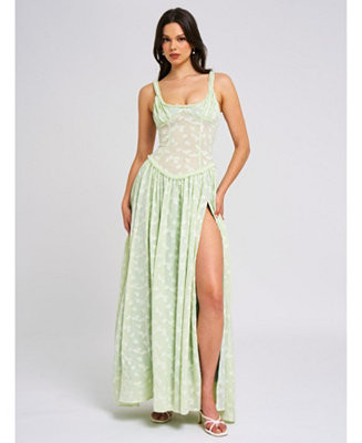Women's Ulissa Light Green Square Neck Jacquard Textured High Slit Maxi Dress | Macy's
