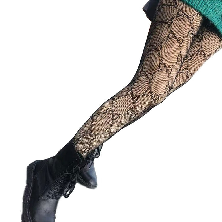 yongy Women's Semi-Opaque Black Fishnet Stockings,Double G Letter Sexy Pantyhose Mesh Stocking | Walmart (US)