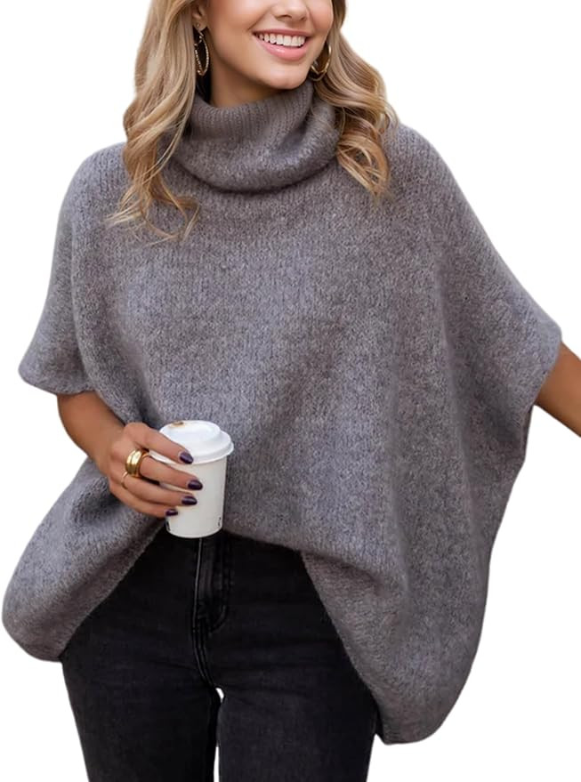 Womens Turtleneck Short Batwing Sleeve Sweater Knitted Oversized Chunky Dolman Tops | Amazon (US)