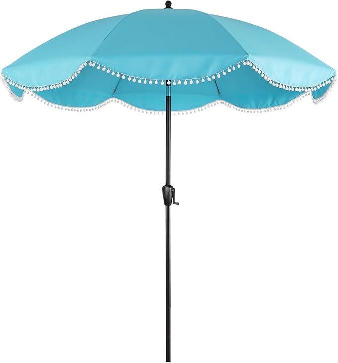 9' Patio Umbrella with Aqua Canopy and White Fringe Accents, Black Frame Market Umbrella for Pati... | Amazon (US)
