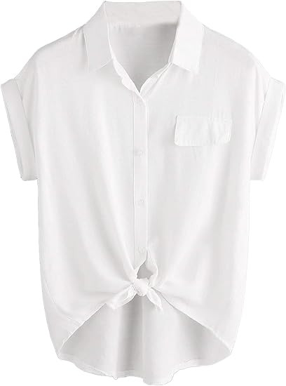 Milumia - Blusa con botones, con cuello y escote en V para mujer, de manga corta enrollada, blusa... | Amazon (US)