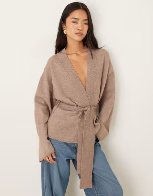 Gina Tricot knit wrap kimono cardigan in brown melange | ASOS (Global)