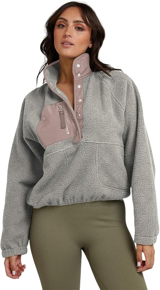 Aoang Womens Oversized Sherpa Jacket Fuzzy Fleece Teddy Coat with Pockets Colorblock | Amazon (US)