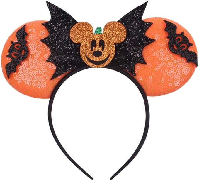 Mouse Ear Headband Hair Hoop with Orange Cat Ear Bow, Pumpkin and Bat Decor - Halloween Party Acc... | Amazon (US)