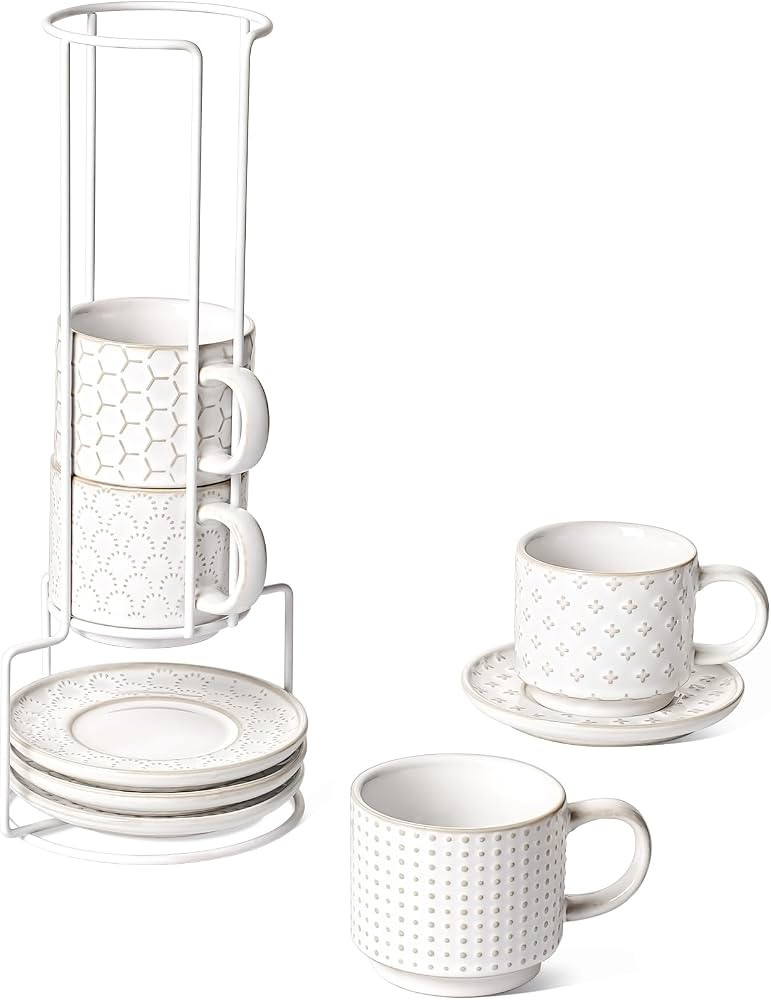LE TAUCI Stackable Espresso Cups with Saucers and Stand, Ceramic Coffee Mugs for Au Lait, Cappucc... | Amazon (US)