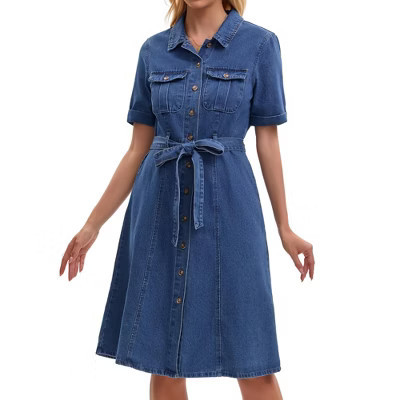 INSPIRE CHIC Women's Denim Button Down Short Sleeve Belted Casual Jean Shirt Dresses Small Blue | Target