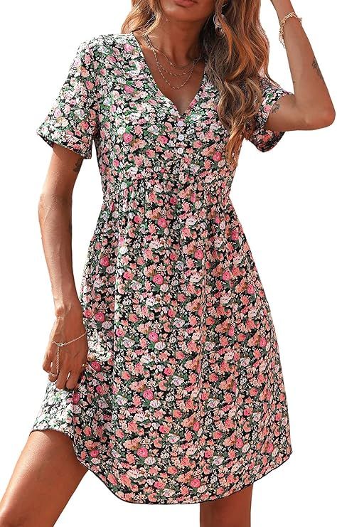 PRETTYGARDEN Summer Dress for Women Short Sleeve V Neck Ruffled Floral Swing A-Line Dresses | Amazon (US)