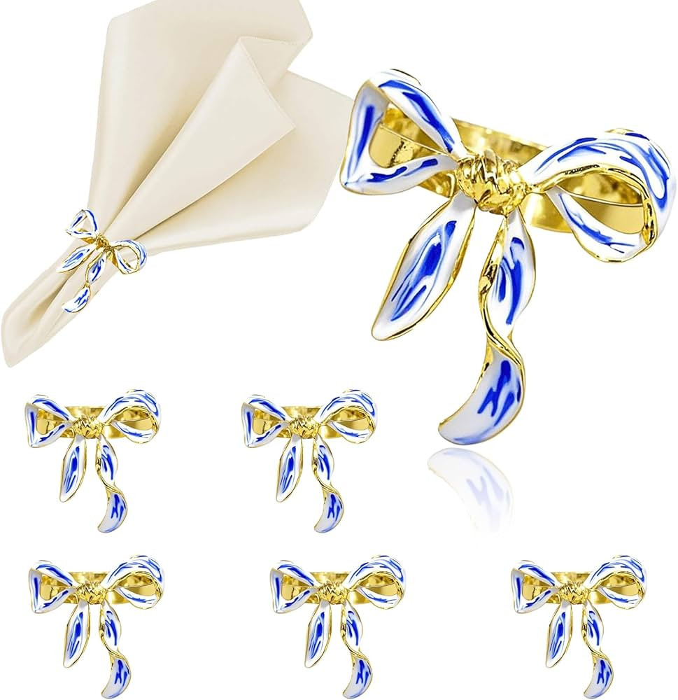 Napkin Rings Set of 6 Gold Bow Napkin Rings for Christmas,Blue White Napkin Ring for Fall Farmhou... | Amazon (US)