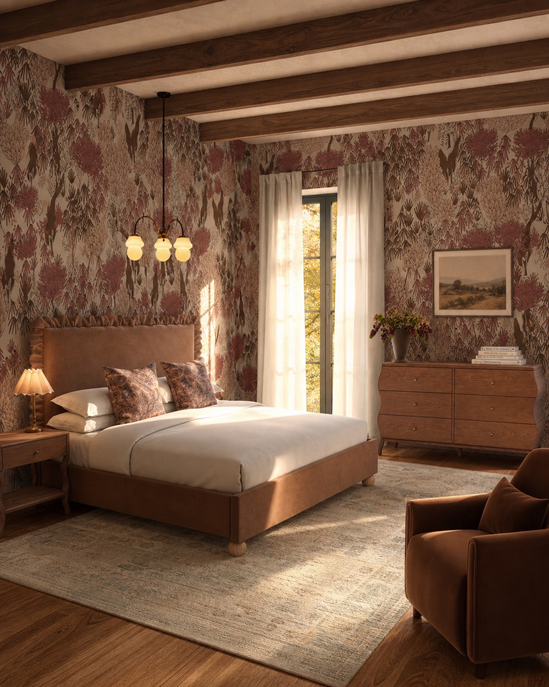 Cosy fall bedroom! I love the wallpaper from @Lulu and Georgia , the gorgeous bed, night stand and dresser. Beautiful chandelier, vintage rug and velvet chair. #homedecor #bedroom

#LTKHome #LTKSaleAlert #LTKSeasonal