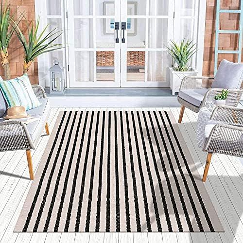 KIMODE Black and White Striped Outdoor Rugs 3'x5', Cotton Hand-Woven Living Room Rugs, Modern Boh... | Amazon (US)