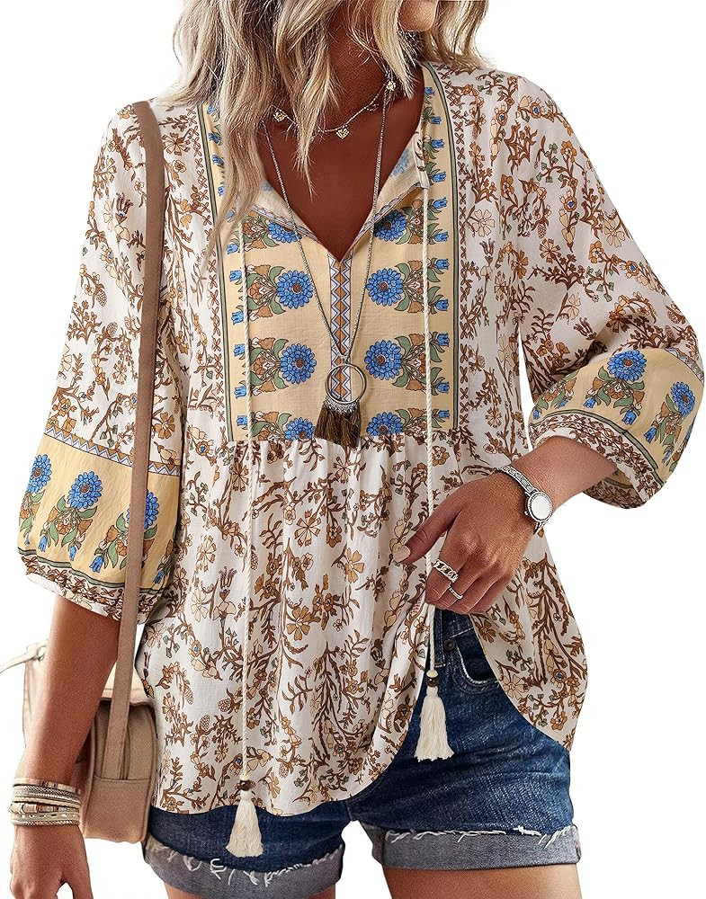 Vivilli Womens Summer Boho Babydoll Tops 3/4 Sleeve Pleated Peplum Blouses Casual V Neck Tie Fron... | Amazon (US)