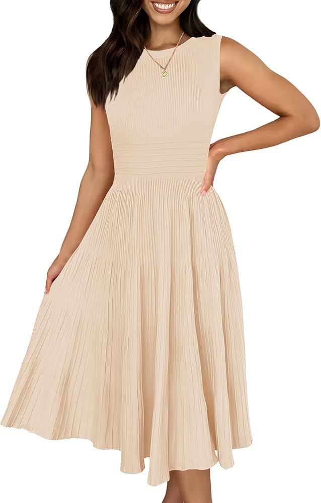 Ferlema Womens Summer Sleeveless Midi Dresses 2024 Crew Neck Knit A Line Pleated Swing Casual Tan... | Amazon (US)