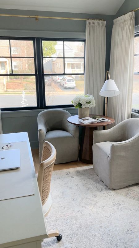 Office design, two pages . Gold curtain rods. Boothbay gray wall paint. Small sitting area. Gray slipcovered chairs. McGee and Co.

#LTKstyletip #LTKsalealert #LTKhome