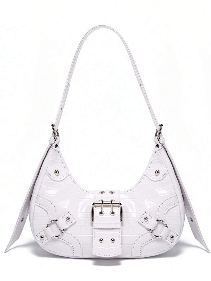 Crocodile Embossed Hobo Bag Studded & Buckle Decor PU | SHEIN