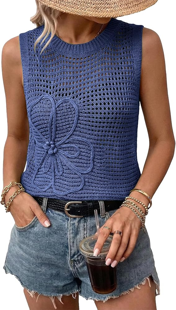 Women Summer Crochet Tank Tops Crewneck Sleeveless Hollow Out Knit Flower Sweater Vest Top Trendy... | Amazon (US)