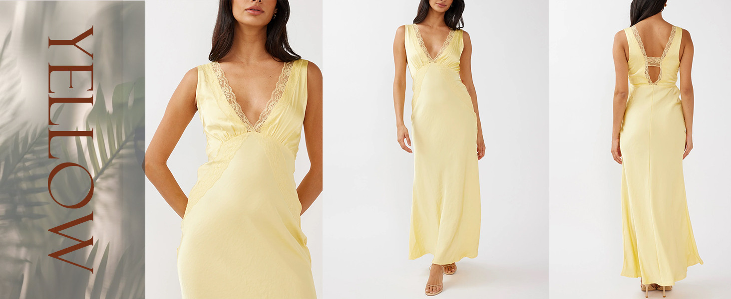 Amazon.com: BAGONE Summer Satin Lace V Neck Backless Wedding Guest Maxi Dresses for Women 2024 El... | Amazon (US)
