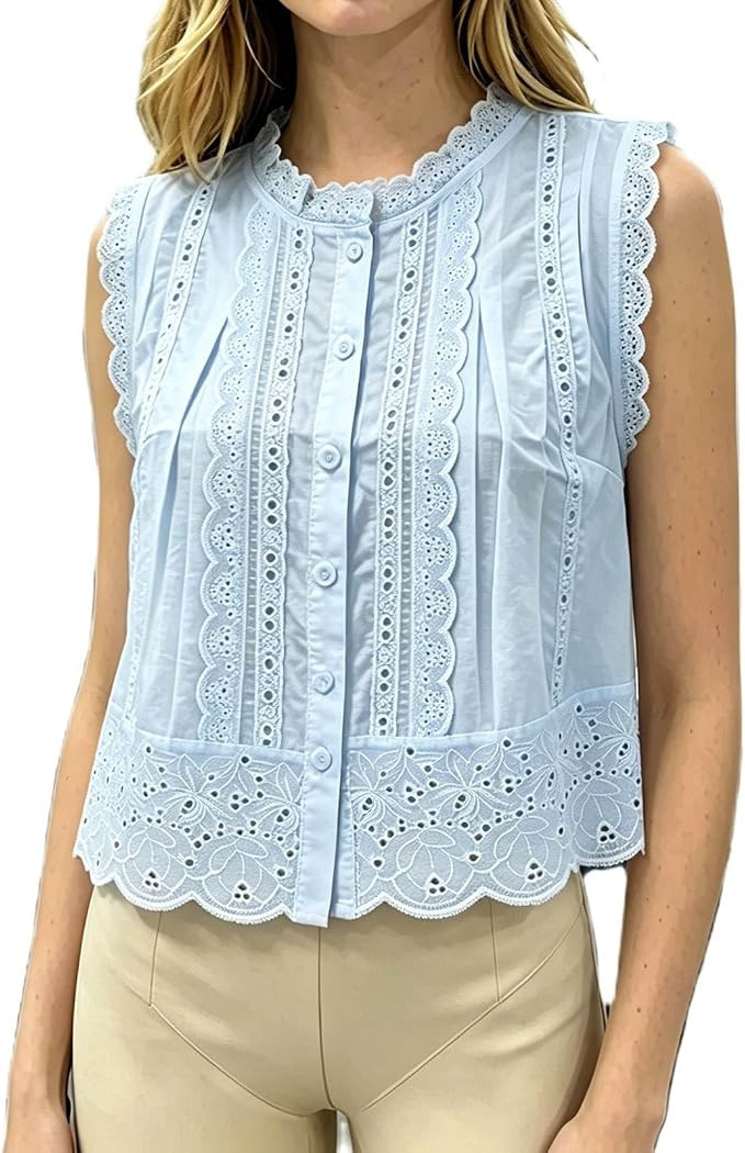 Women's Casual Eyelet Blouse Boho Sleeveless Lace Trim Babydoll Top Cropped Loose A-Line Flowy Cu... | Amazon (US)