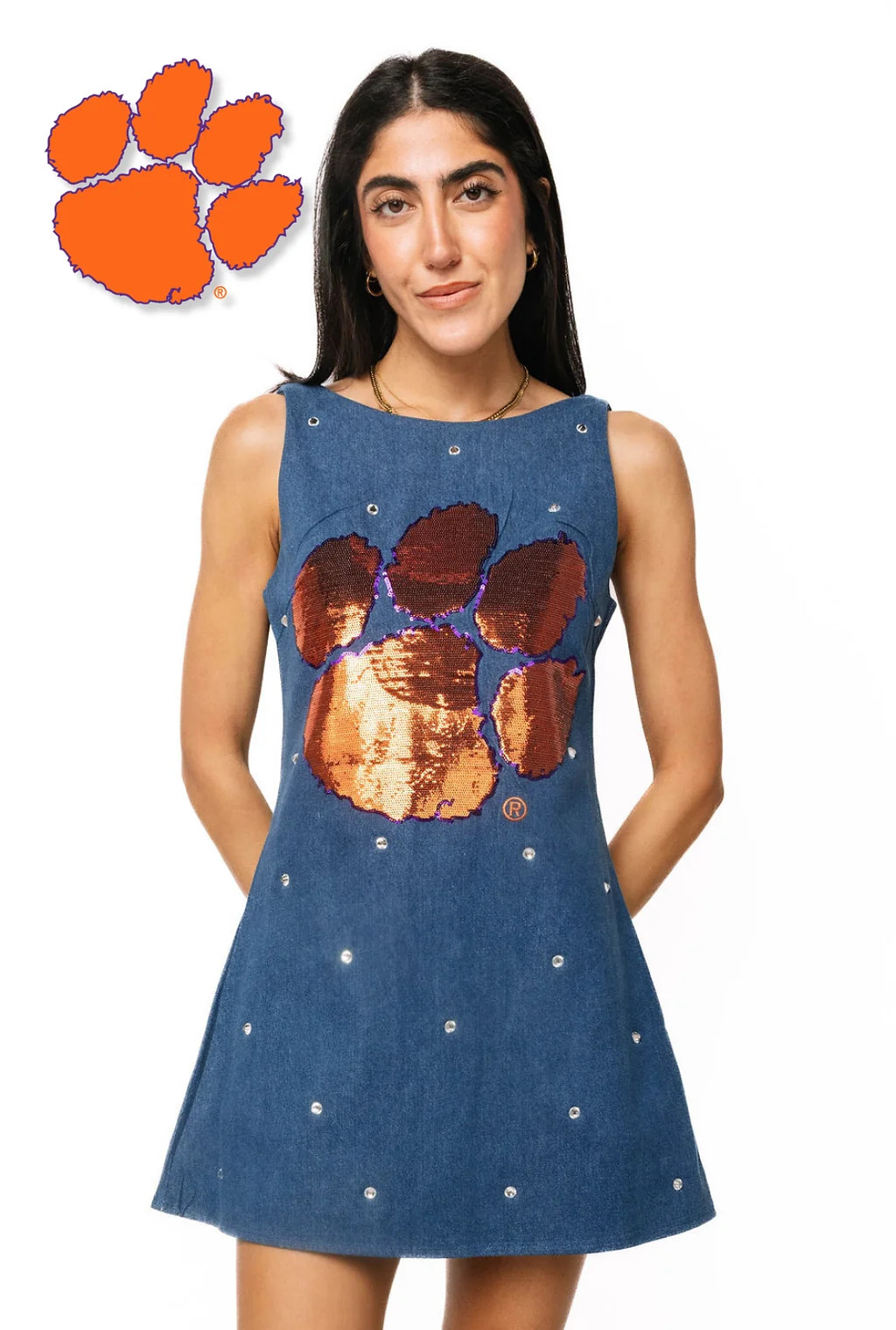 Licensed Clemson Scattered Jewel Denim Sequin Mascot Tank Dress | Queen of Sparkles