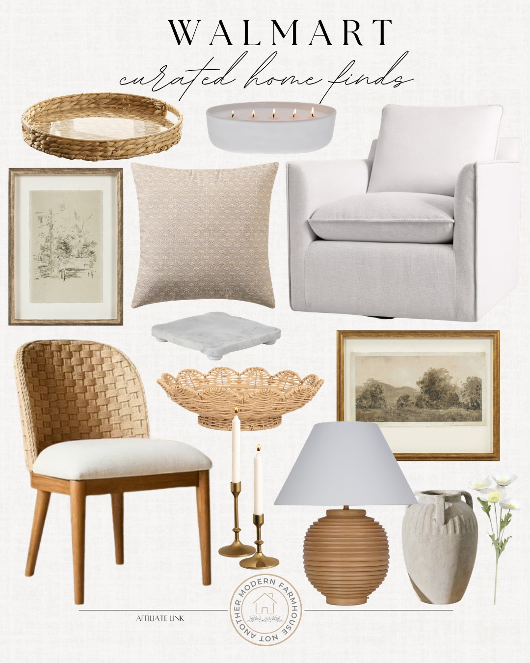 Curated home finds from Walmart include floral stem, vase, table lamp, candle stick holders, dining chair, wall art, rattan bowl, candle tray, accent chair, throw pillow, candle, and rattan tray.

Looks for less, home decor, neutral home decor, home accents

#LTKHome #LTKSeasonal #LTKSaleAlert