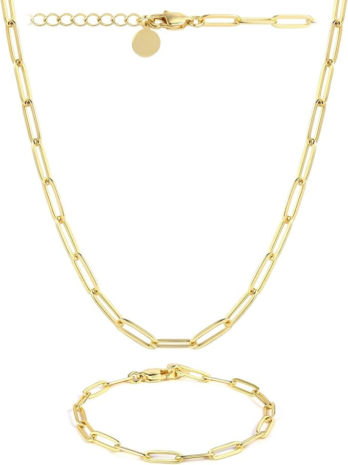 14K Gold Plated Paperclip Link Chain Necklace Bracelet Set for Women Girls | Amazon (US)