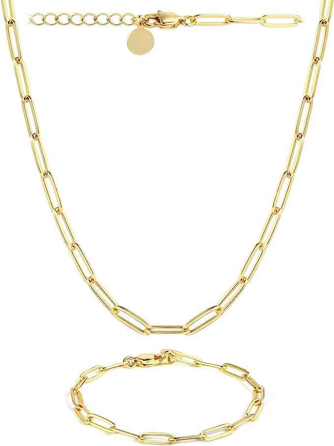 14K Gold Plated Paperclip Link Chain Necklace Bracelet Set for Women Girls | Amazon (US)