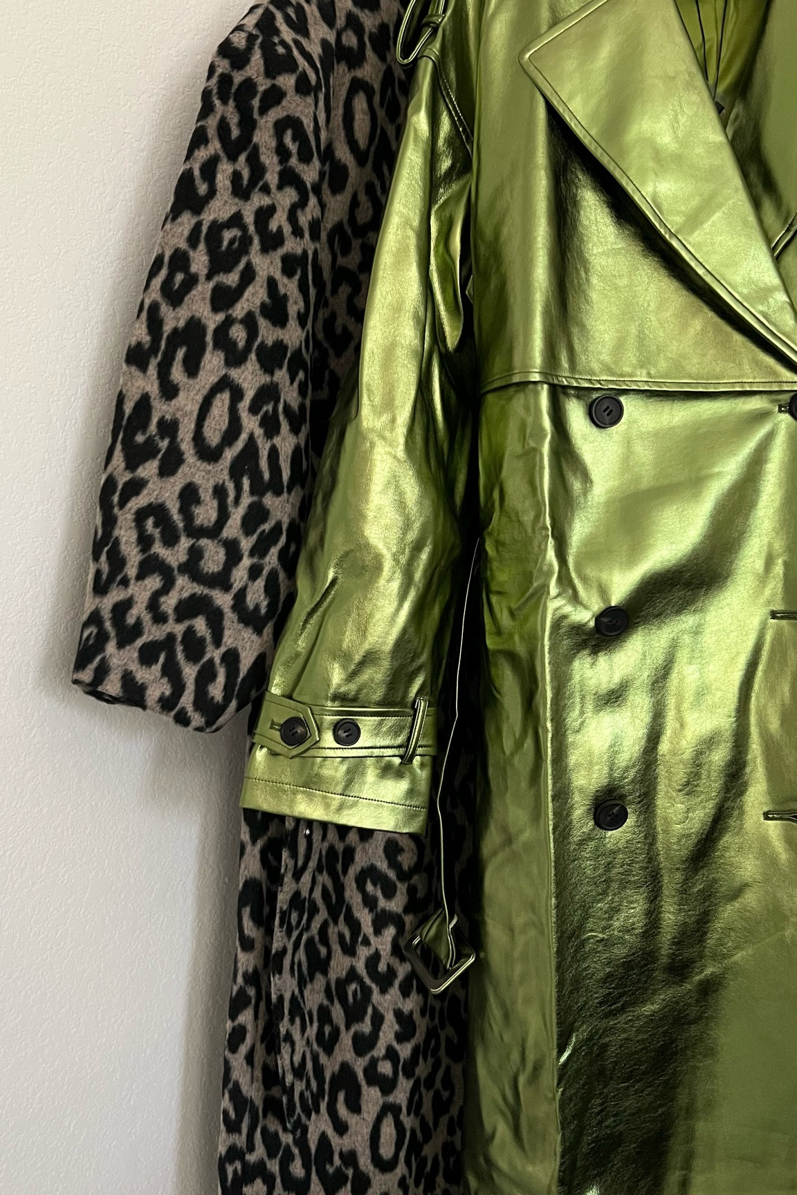 animal print coat and green metallic coat 