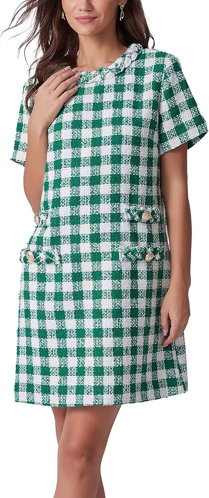 Ladyful Womens Tweed Jackie Dress Short Sleeve Elegant Crew Neck Business Party Vintage Button Bo... | Amazon (US)