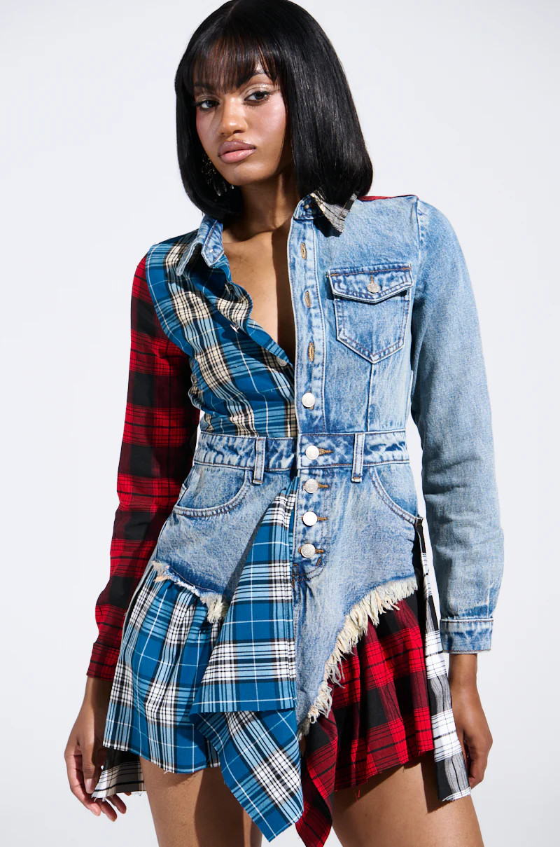 PATCHWORK PLAID DENIM MINI DRESS | AKIRA