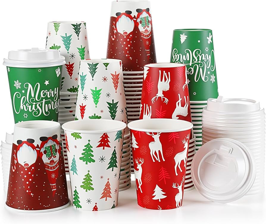 Zhehao 100 Pack 9 oz Christmas Paper Coffee Cups with Lids Disposable Paper Hot Cocoa Cups Christ... | Amazon (US)
