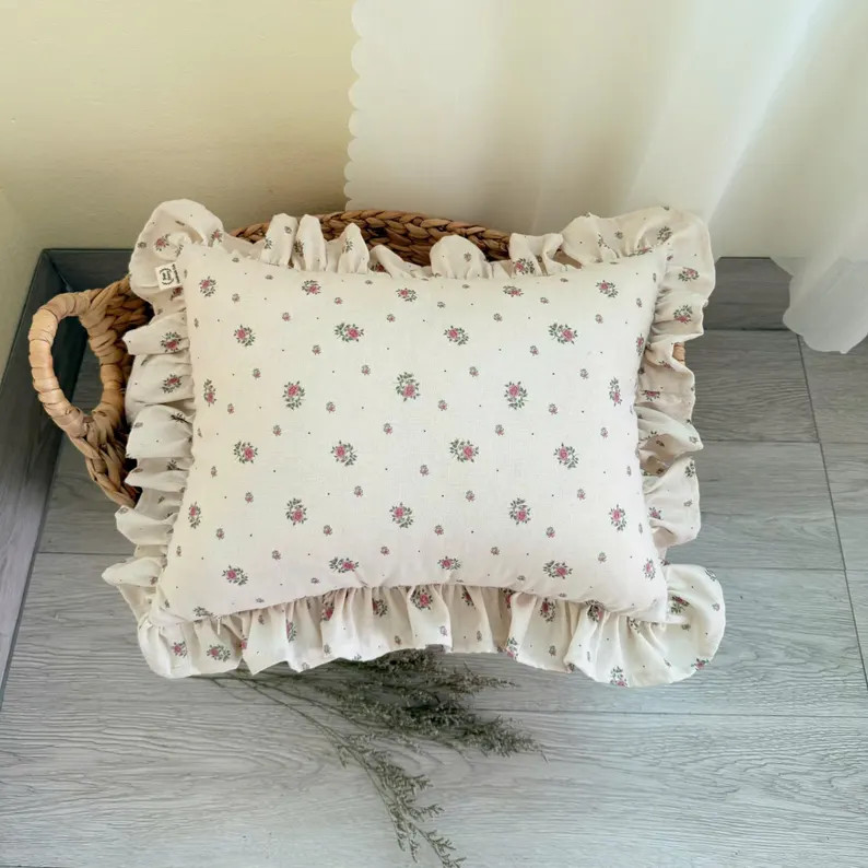 Handmade Beige Floral Ruffled Throw Pillow, Linen Cottagecore Accent Pillow, Vintage Farmhouse Be... | Etsy (Global)