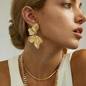 Gold Statement Earrings For Women 18K Gold Plated Sectored Flower Leaf Shell Angel Wing Earring L... | Amazon (US)