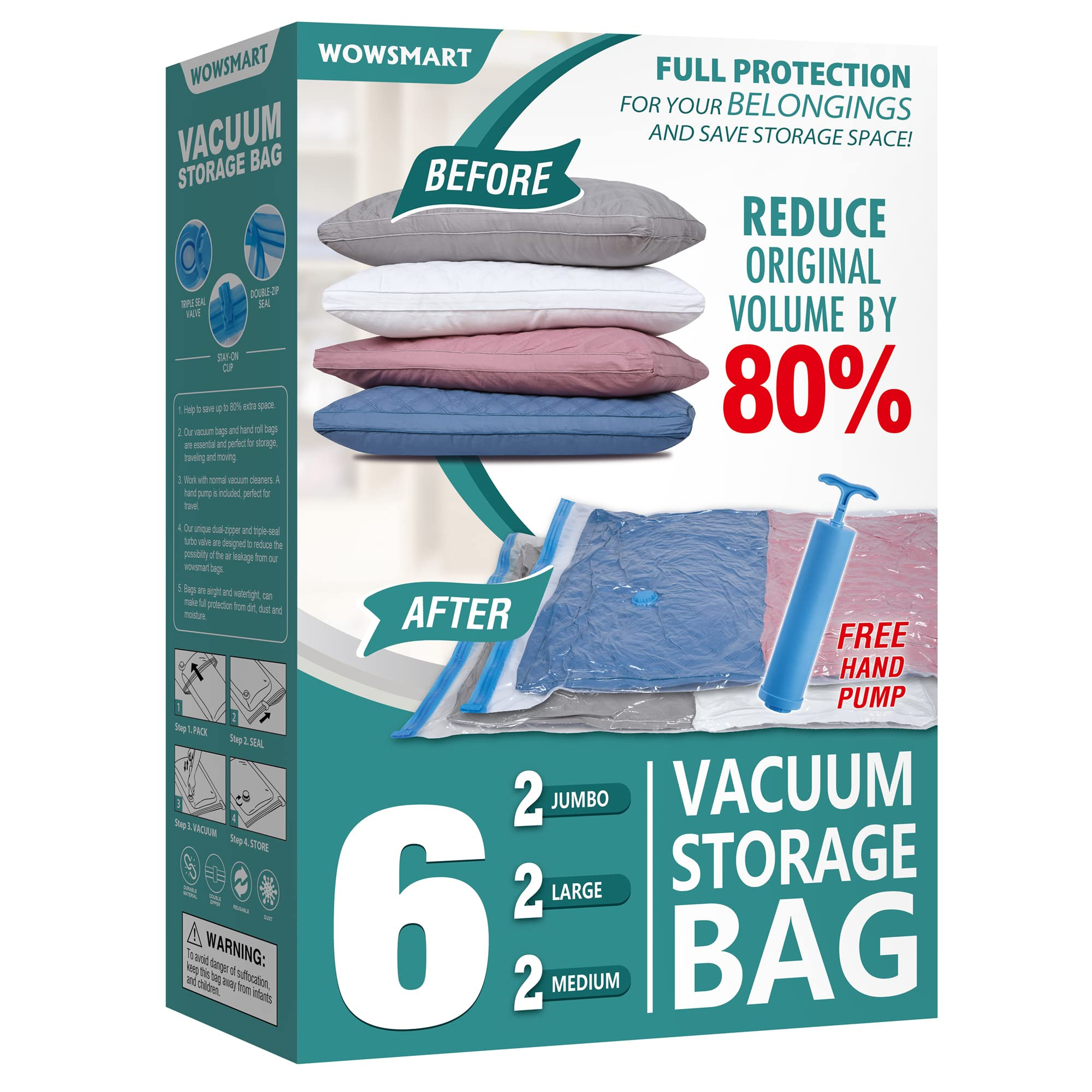 6 Pack Vacuum Storage Bags with Hand Pump, 80% Space Saver Vacuum Seal Storage Bags for Clothing,... | Amazon (US)