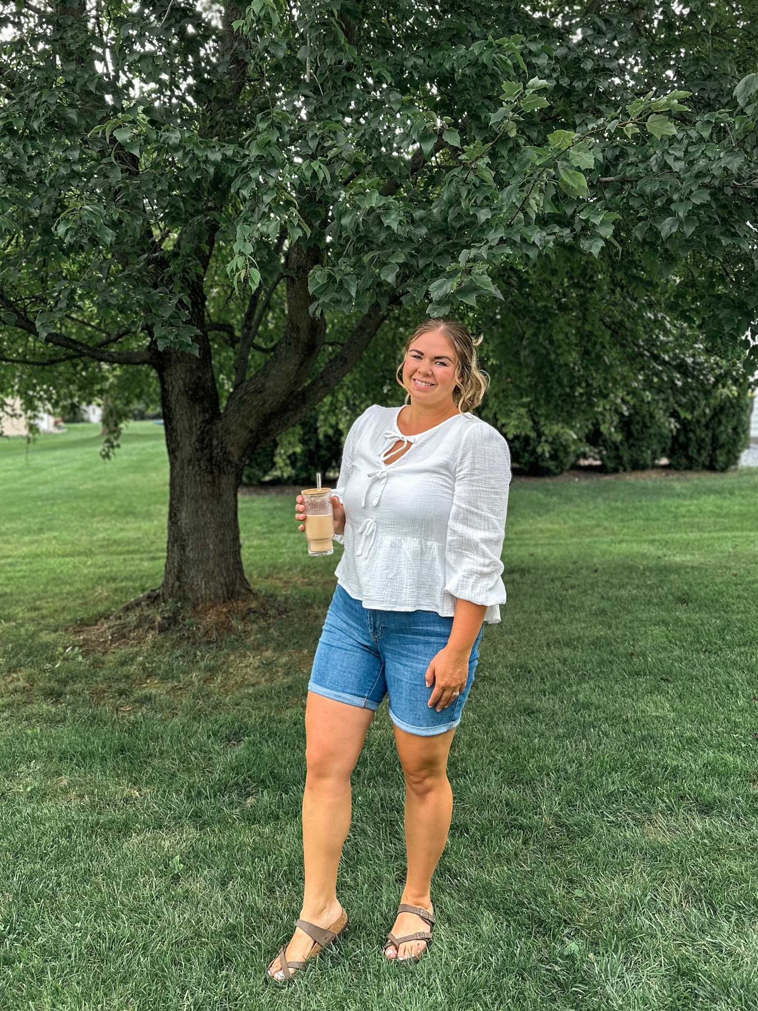 late summer ootd 

mom | mom ootd | summer ootd | 100% cotton top | denim shorts | casual | style tip | mom style | comfortable ootd | iced latte always | home barista 

#LTKFindsUnder50 #LTKStyleTip #LTKShoeCrush