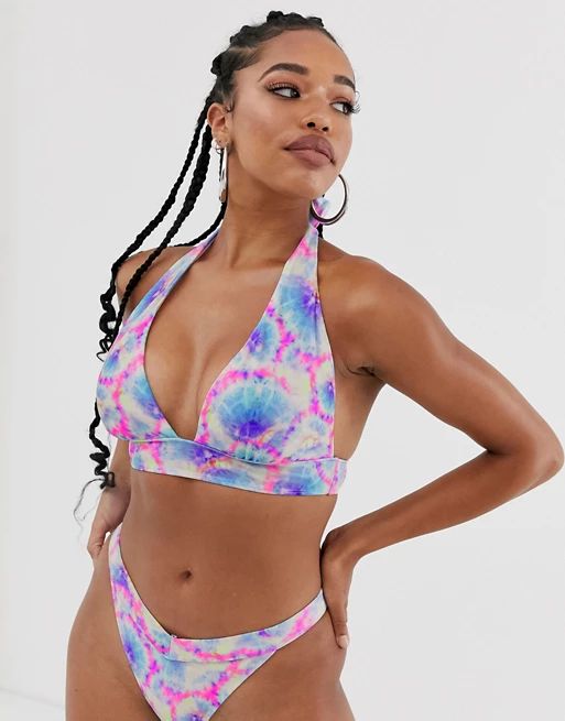 ASOS DESIGN fuller bust mix and match halter plunge bikini top in neon tie dye dd-f | ASOS (Global)