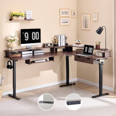 75" L-Shaped Electric Standing Desk with Height Adjustable & 2 Drawers, Computer Desk with LED Lighting & Power Outlets, Brown | Target