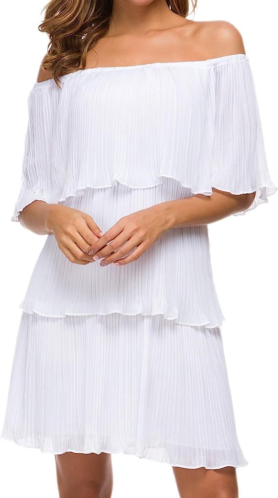BEBPILOO Women's Off The Shoulder Mini Layered Ruffles Dress Summer Short Sleeve Loose Casual Chi... | Amazon (US)