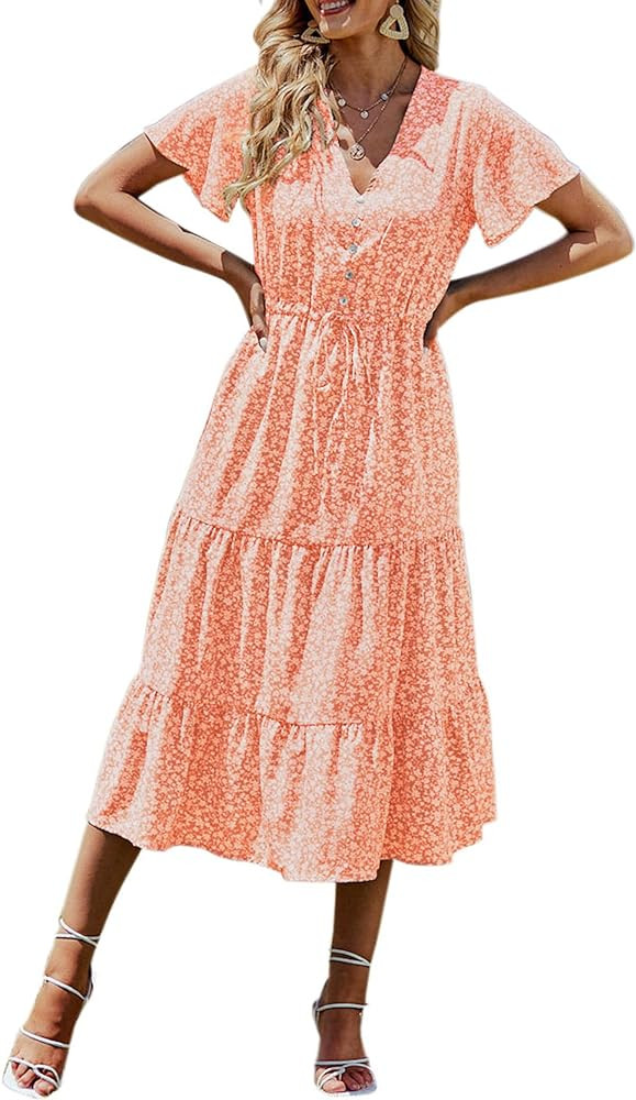 PRETTYGARDEN Floral Dress for Women 2026 Summer Casual Short Sleeve Maxi Dresses V Neck Tiered Fl... | Amazon (US)