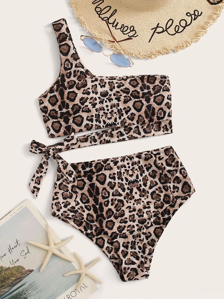 Leopard Tie Side High Waist Bikini Swimsuit | SHEIN