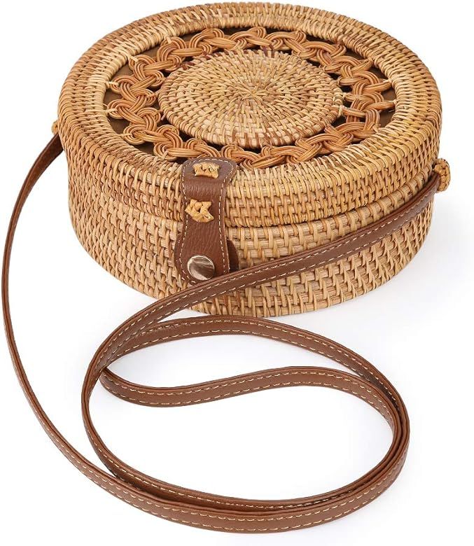 Round Rattan Bag for Women Straw Bag Handwoven Beach Bohemian Shoulder Purse by Enmain | Amazon (US)